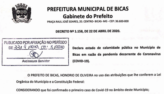 Leia mais sobre o artigo Bicas decreta estado de calamidade pública em razão da pandemia do coronavírus