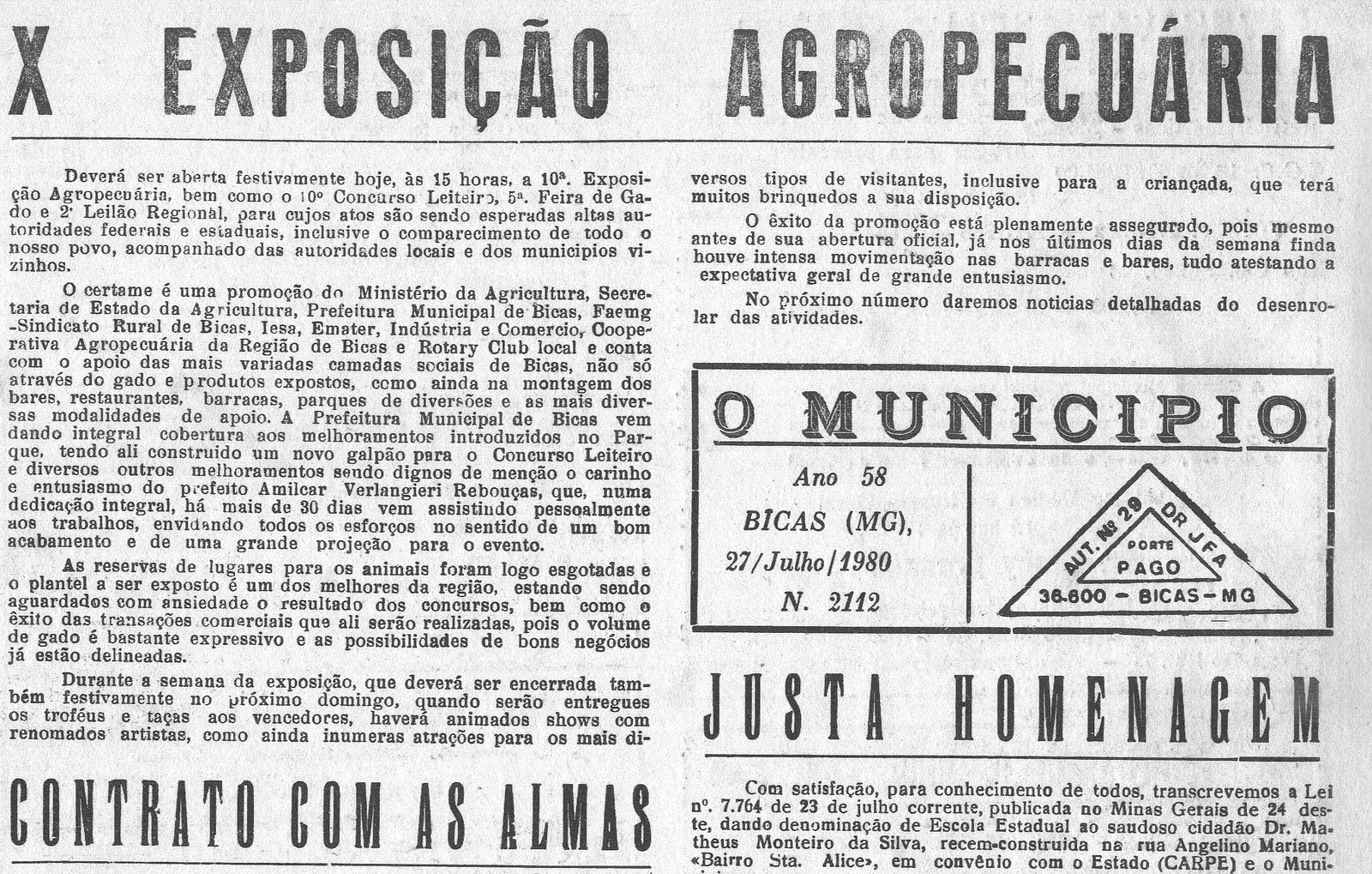 Leia mais sobre o artigo Há 40 anos, em 27/07/1970, O MUNICÍPIO publicava: X ExpoBicas, Justa Homenagem ao Dr. Matheus Monteiro da Silva