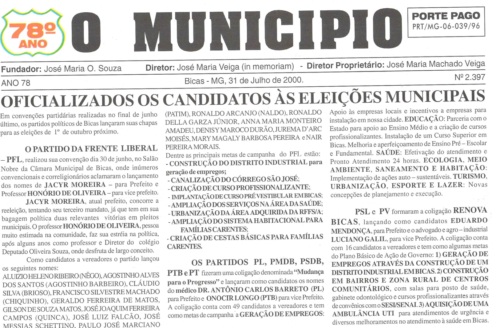Leia mais sobre o artigo Há 20 anos, em 31/07/2000, O MUNICÍPIO publicava: Candidatos as eleições Municipais; Notícias do Esporte; Rotary Club