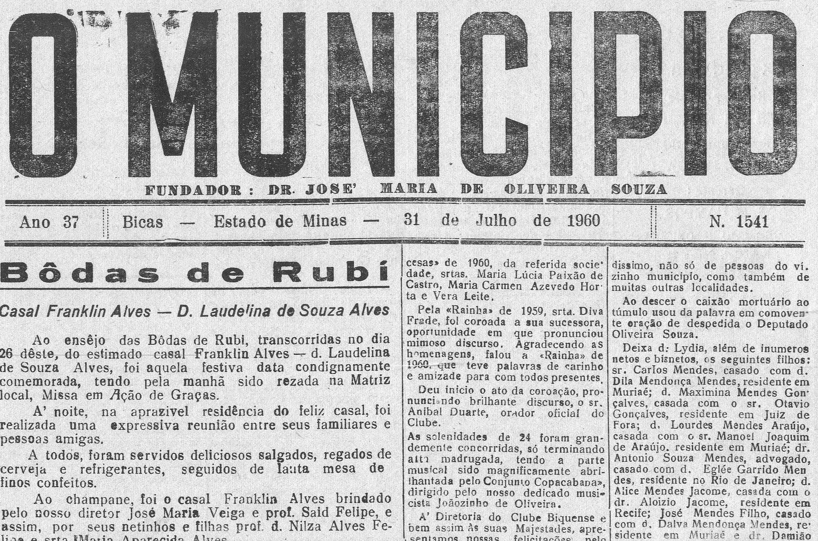 Leia mais sobre o artigo Há 60 anos, em 31/07/1960, O MUNICÍPIO publicava: Bodas de Rubi Franklin – Laudelina Alves; Vida Esportiva; Clube Biquense