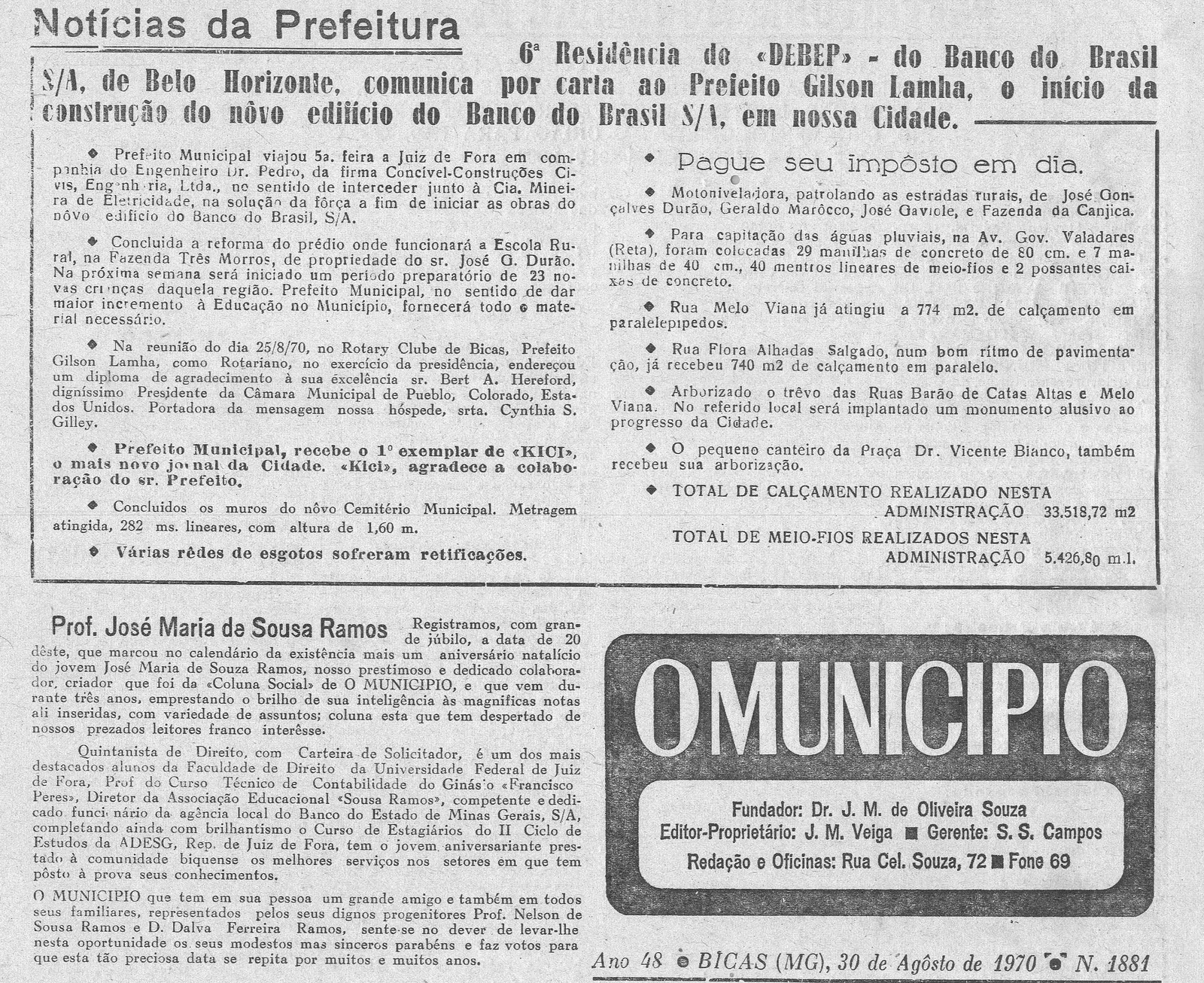 Leia mais sobre o artigo Há 50 anos, em 30 de agosto de 1970, O MUNICÍPIO publicava: Novo edifício do Banco do Brasil / Coluna Social