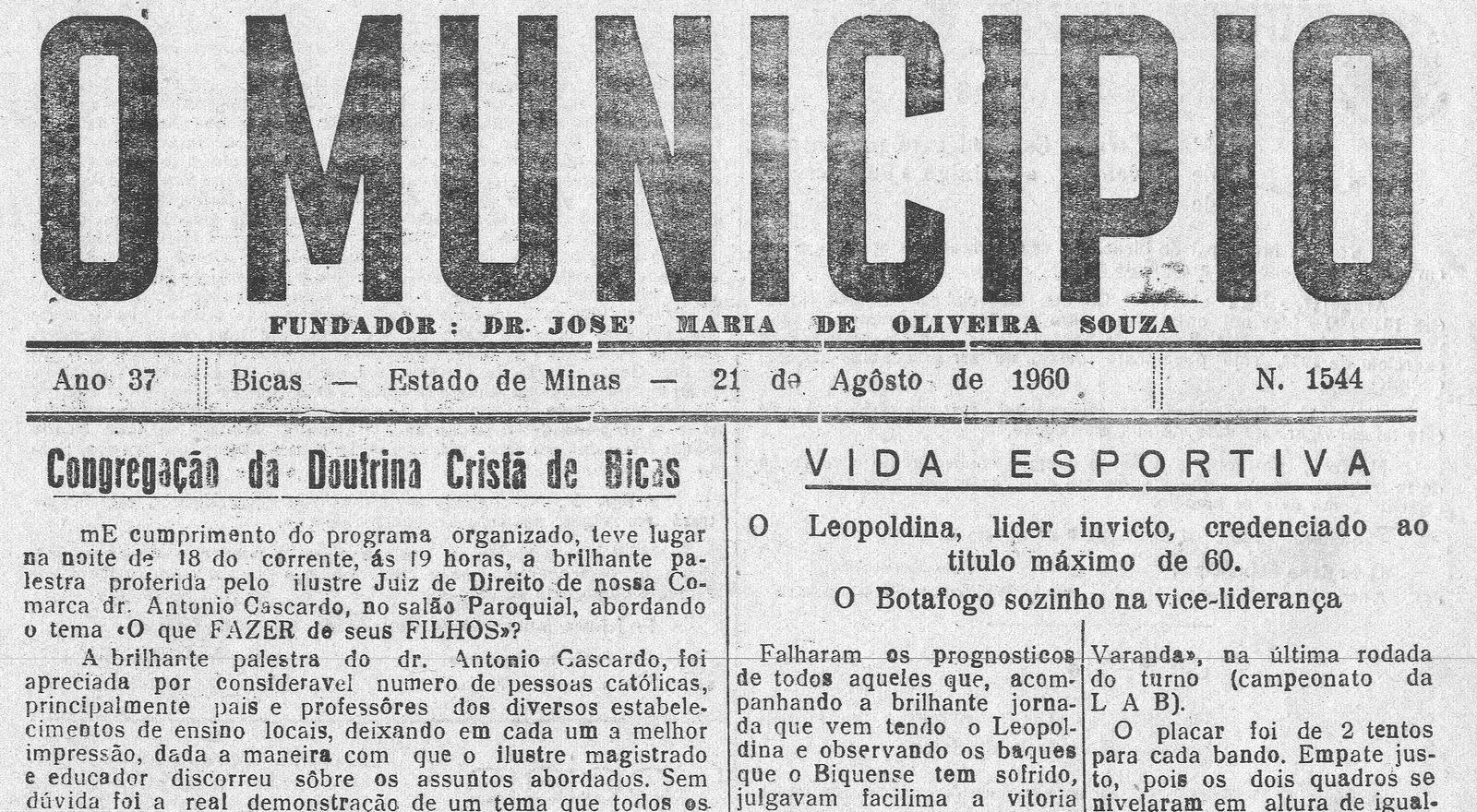 Leia mais sobre o artigo Há 60 anos, em 21 de agosto de 1960, O MUNICÍPIO publicava: Vida Esportiva; Congregação da Doutrina Cristã