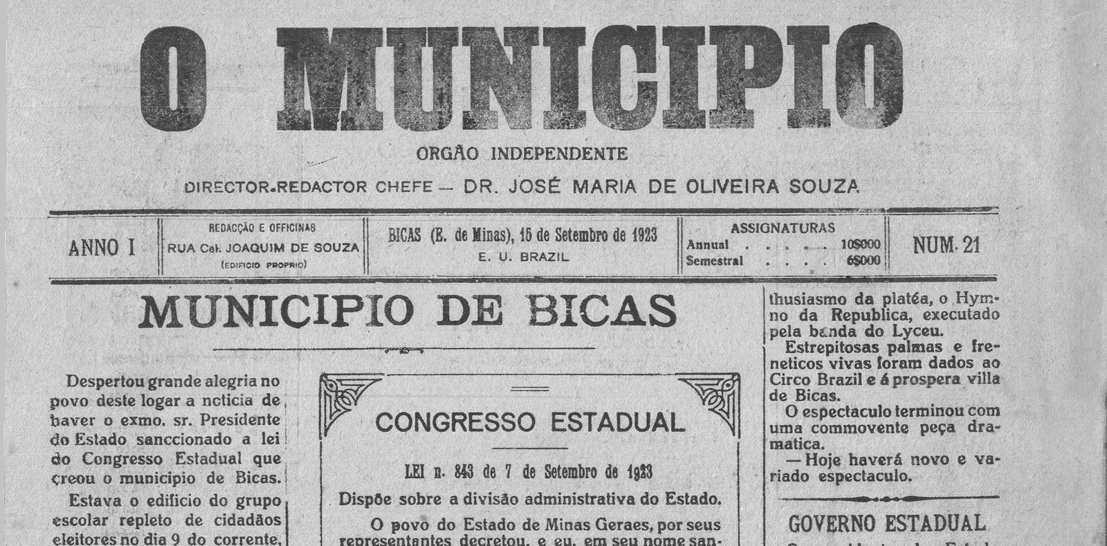 Leia mais sobre o artigo Recordar é Viver: O MUNICÍPIO publicava: LEI Nº 843 de 07/09/23 cria o município de Bicas