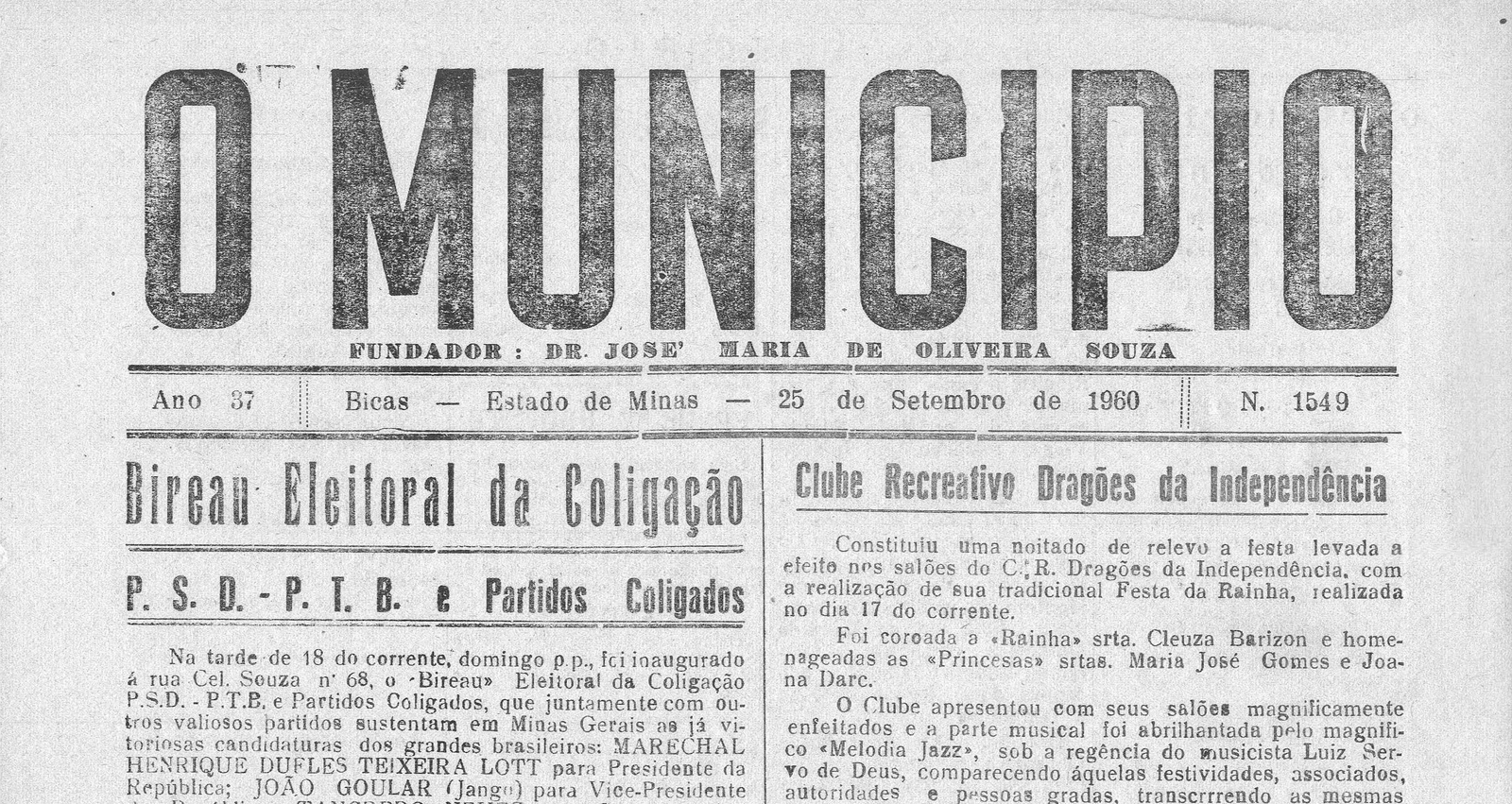 Leia mais sobre o artigo Há 60 anos em 25/09/1960, O MUNICÍPIO publicava: C. R. Dragões da Independência; Festejos pró Hospital