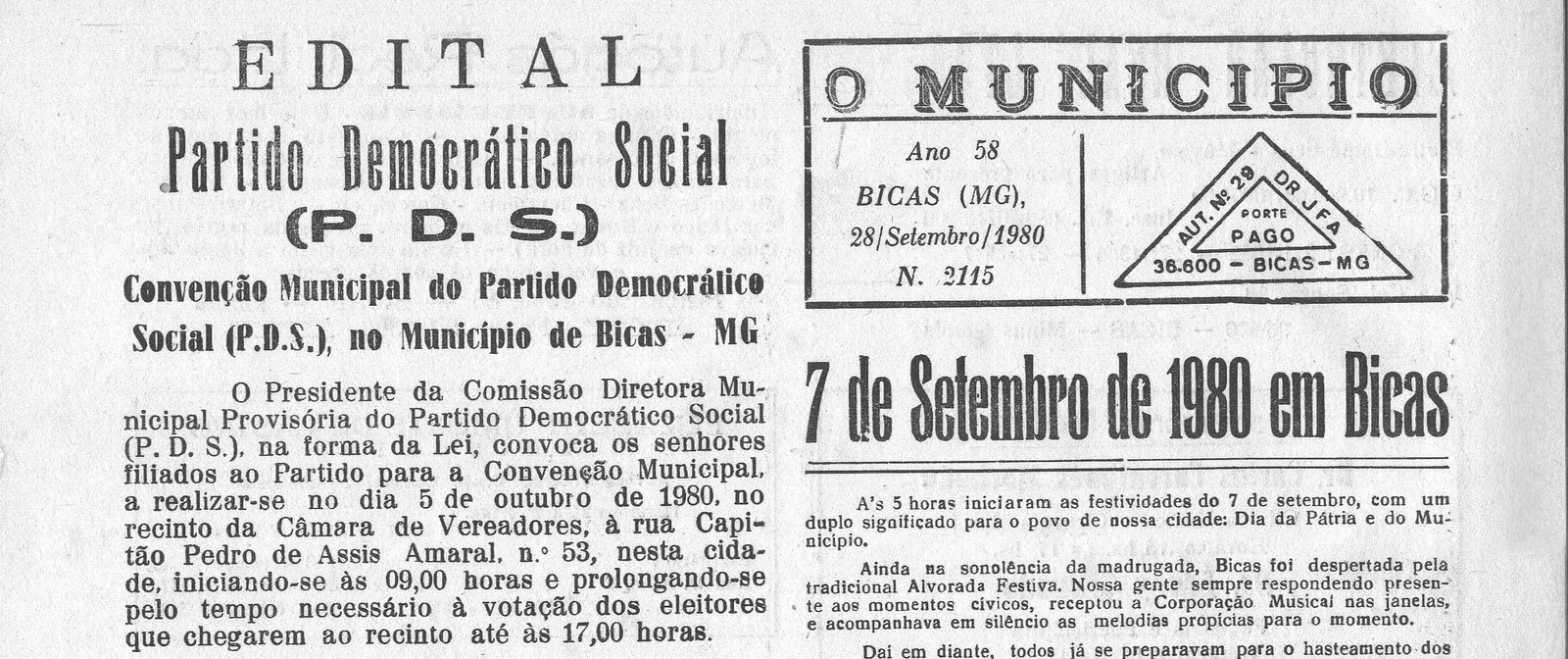 Leia mais sobre o artigo Há 40 anos, em 28/09/1980, O MUNICÍPIO publicava: 7 de Setembro; Operário Padrão
