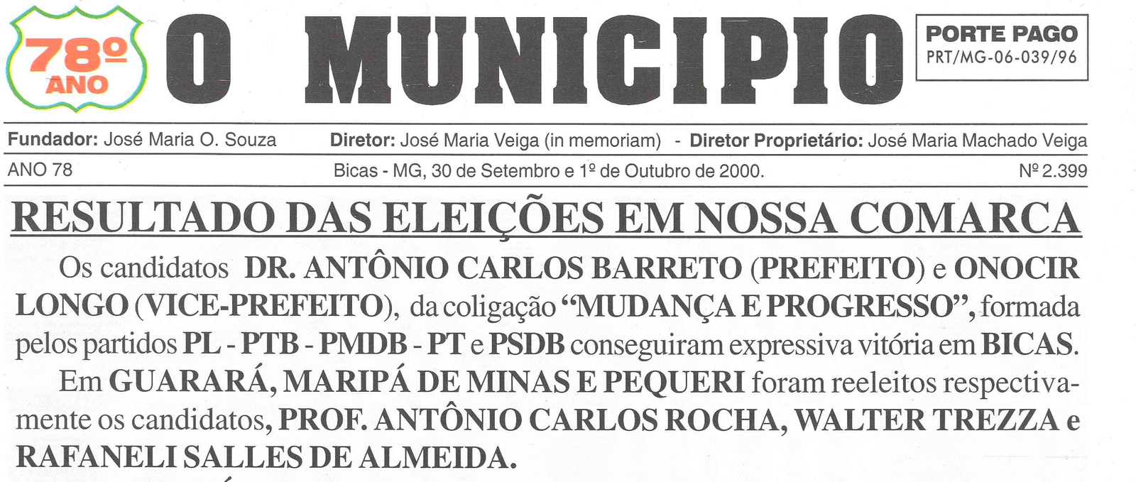 Leia mais sobre o artigo Há 20 anos, em 30/09/2000, O MUNICÍPIO publicava: Resultado das Eleições; Sociais: Cidade dos Aposentados