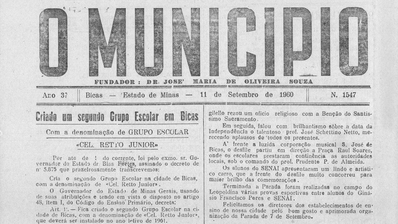 Leia mais sobre o artigo Há 60 anos, em 11 de setembro de 1960, O MUNICÍPIO publicava: Criado o Grupo Escolar Cel Retto Júnior