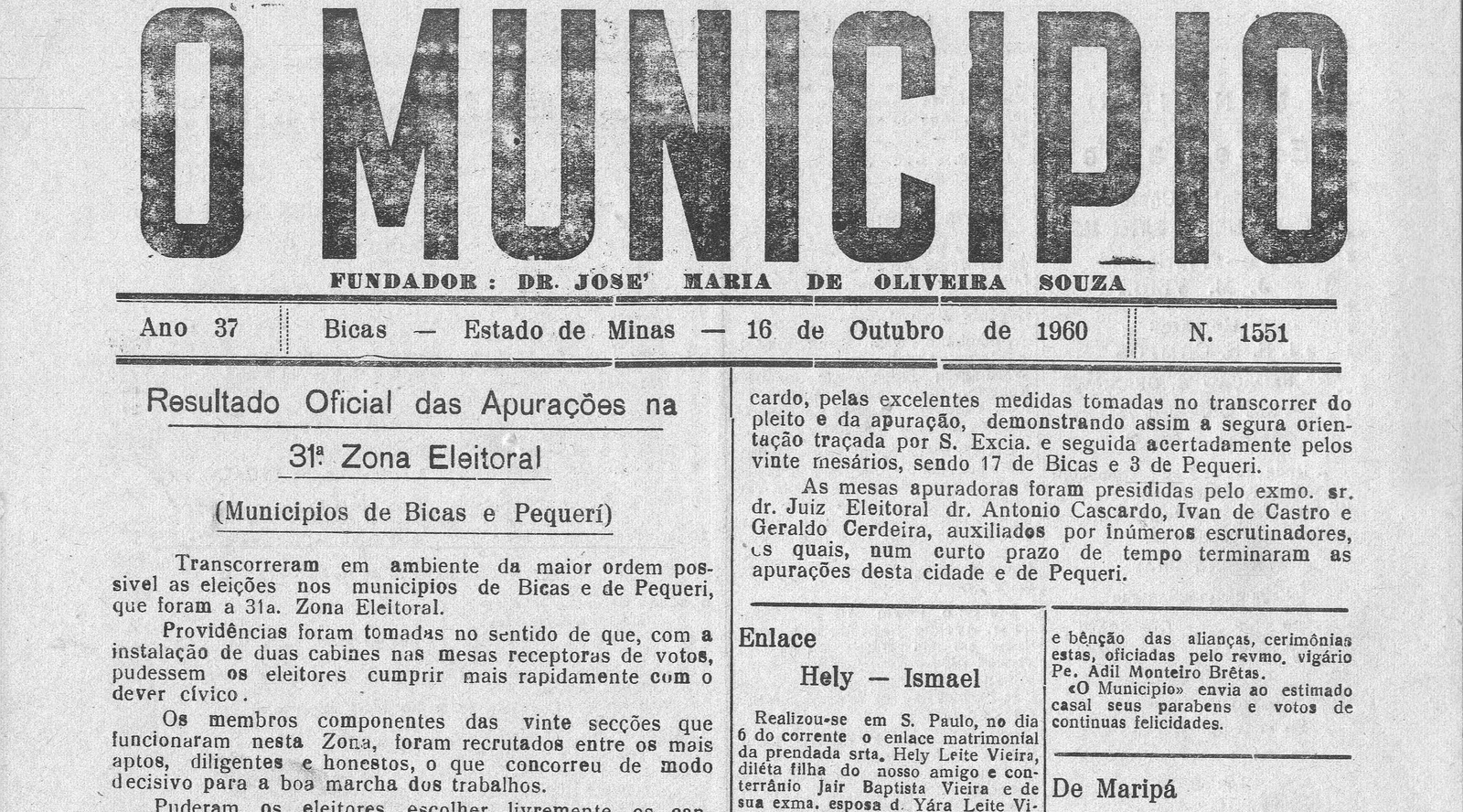 Leia mais sobre o artigo Há 60 anos, em 16 de outubro de 1960, O MUNICÍPIO publicava: Resultado das apurações da 31ª Zona Eleitoral / Horrível Assassinato