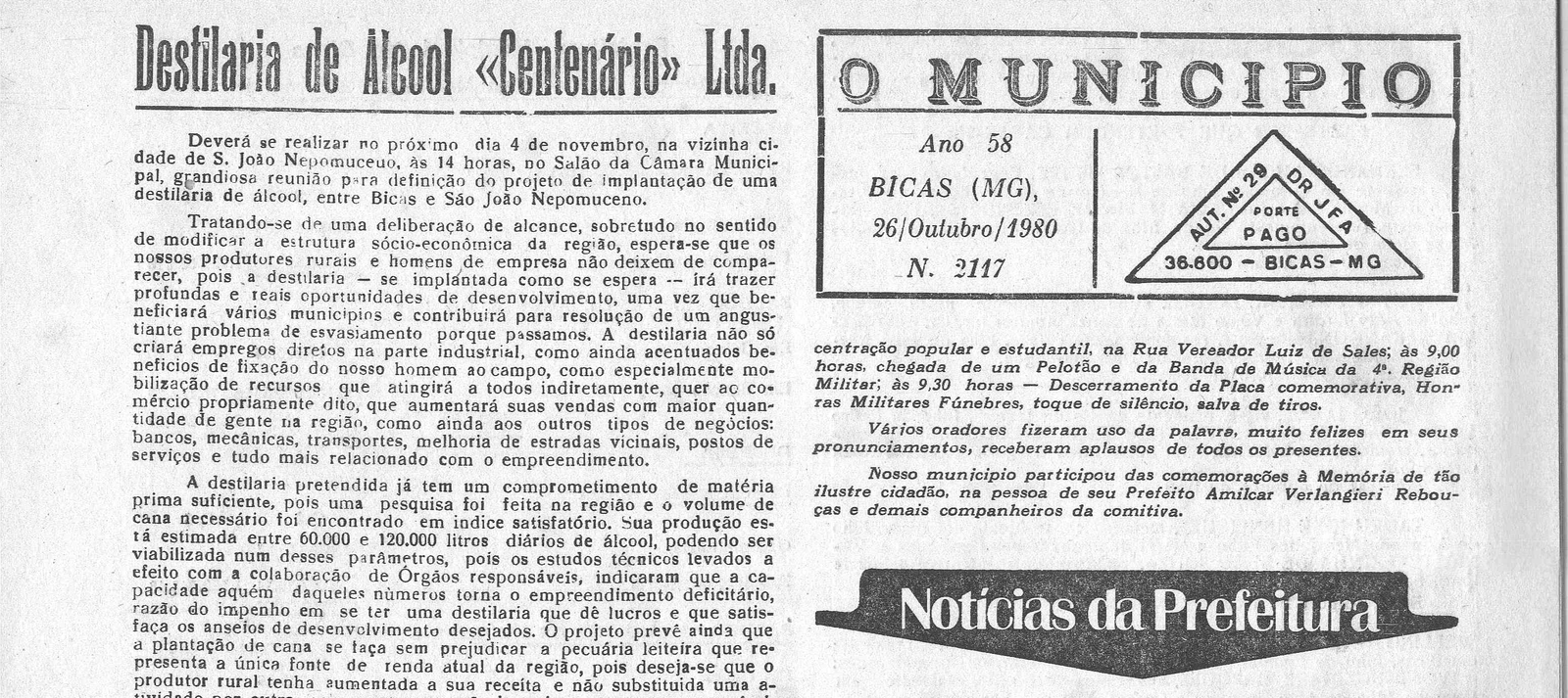 Leia mais sobre o artigo Há 40 anos, em 26 de outubro de 1980, O MUNICÍPIO publicava: Usina de Álcool / Notícias da Prefeitura / Apesar Deles