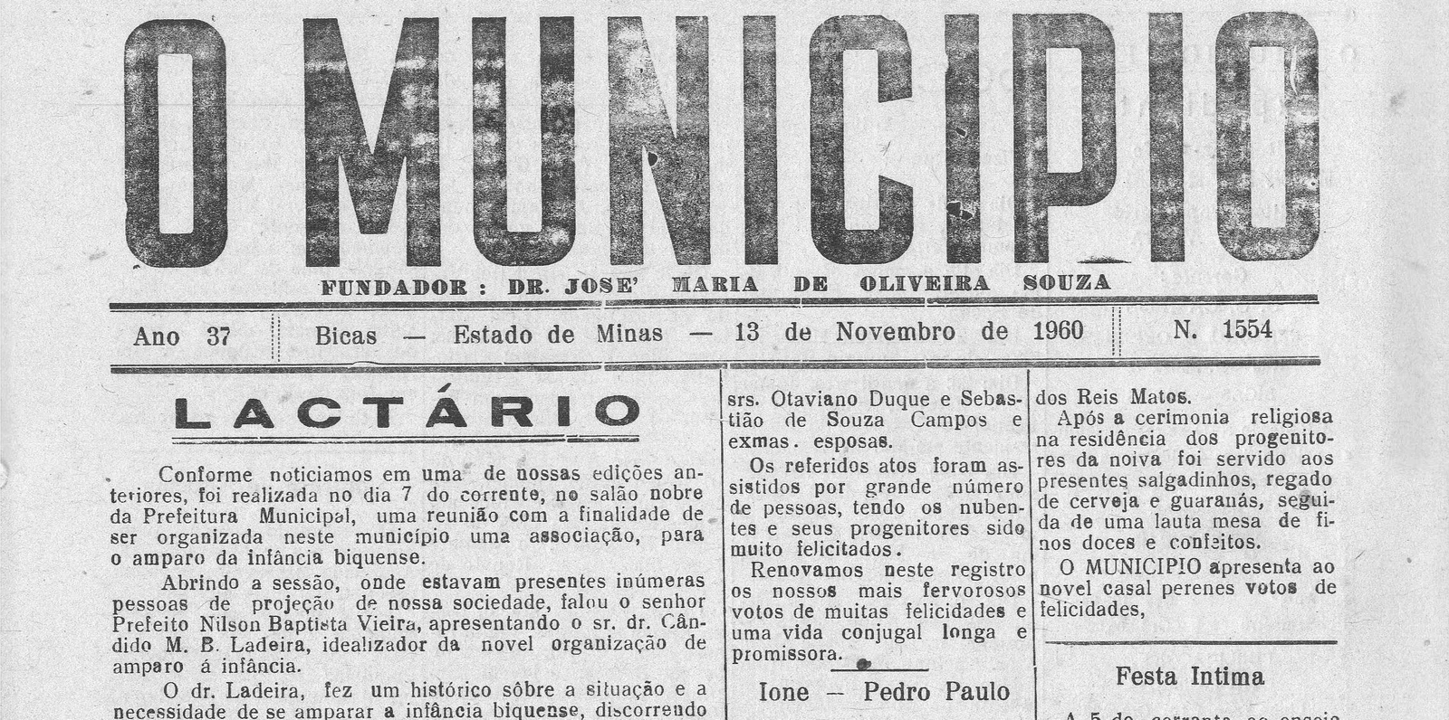 Leia mais sobre o artigo Há 60 anos, em 13/11/1960, O Município publicava: Lactário; Festa íntima; Vida Esportiva