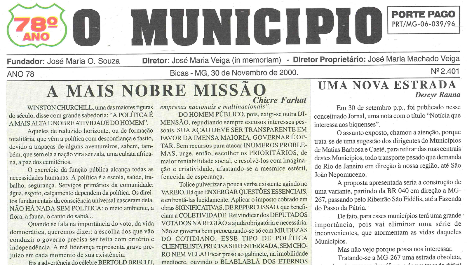 Leia mais sobre o artigo Há 20 anos, em 30/11/2000, O Município publicava: Gabinete Militar do Governador Itamar Franco / Crônicas: Julio Vanni, Chicre Farhat, Dirceu Ramos e Zé Arnaldo / Sociais