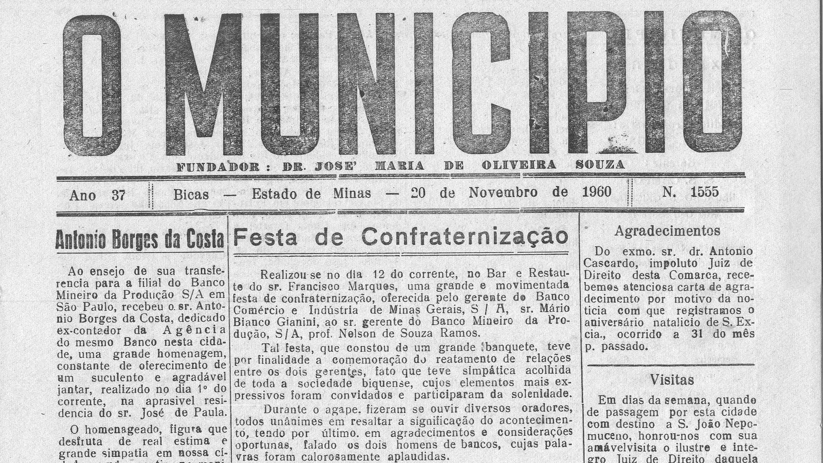 Leia mais sobre o artigo Há 60 anos, em 20/11/1960, O Município publicava: Festa de confraternização / É tri-campeão da LAB o Leopoldina