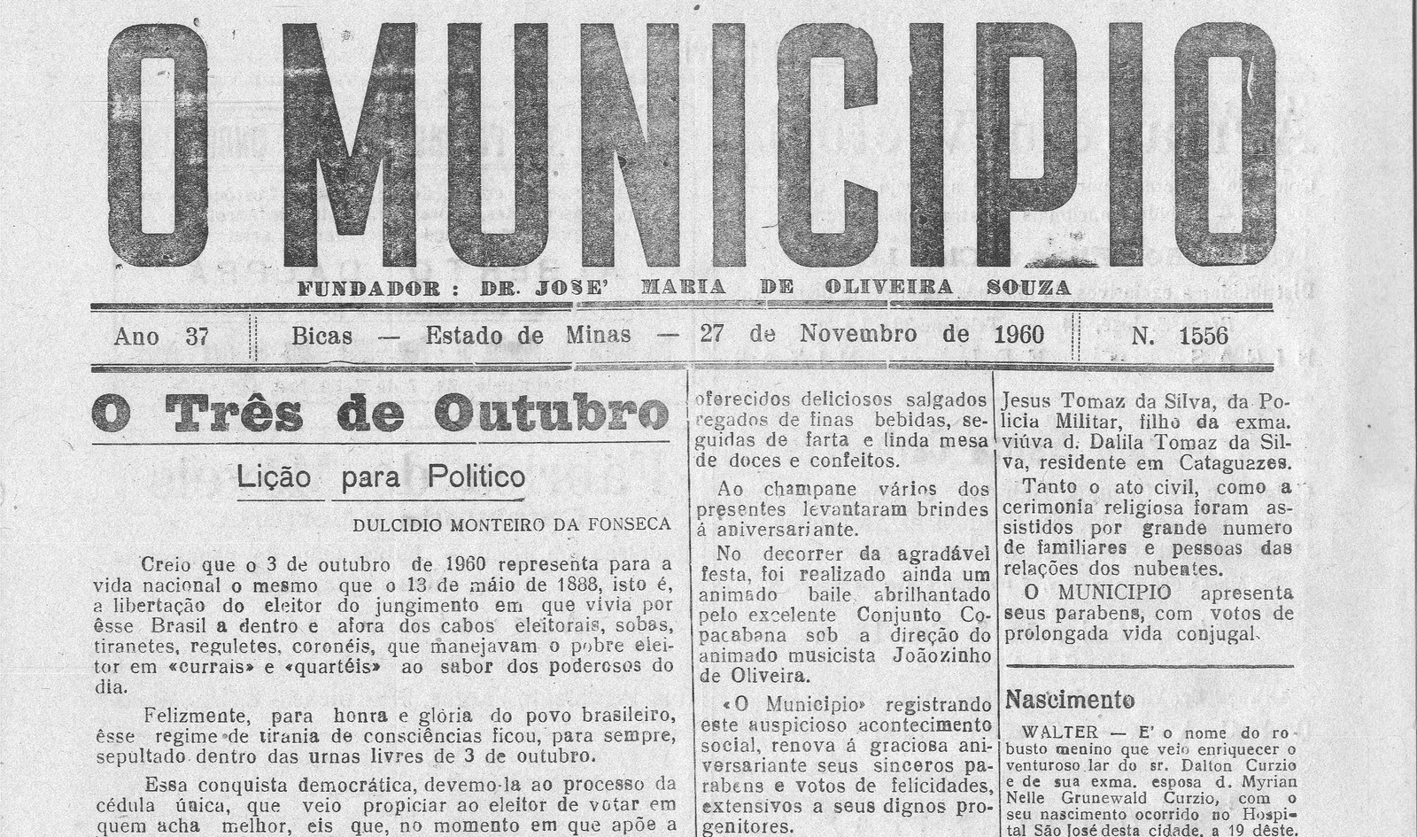 Leia mais sobre o artigo Há 60 anos, em 27/11/1960, O Município publicava: Vida Esportiva / Festa íntima / Casamentos