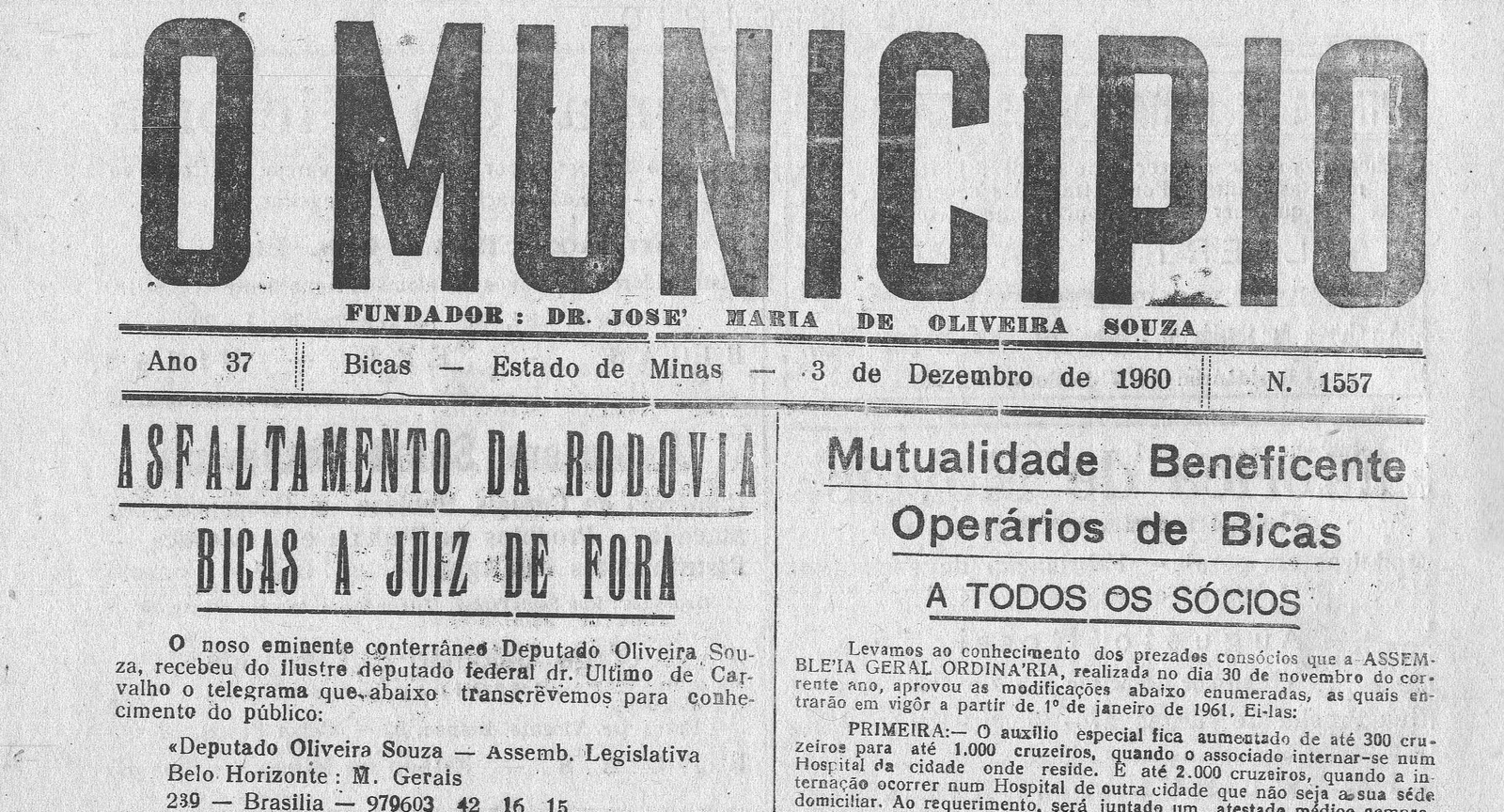 Leia mais sobre o artigo Há 60 anos, em 03/12/1960, O Município publicava: Asfaltamento rodovia Bicas X Juiz de Fora / Vida Esportiva: Leopoldina 4 x 3 Biquense