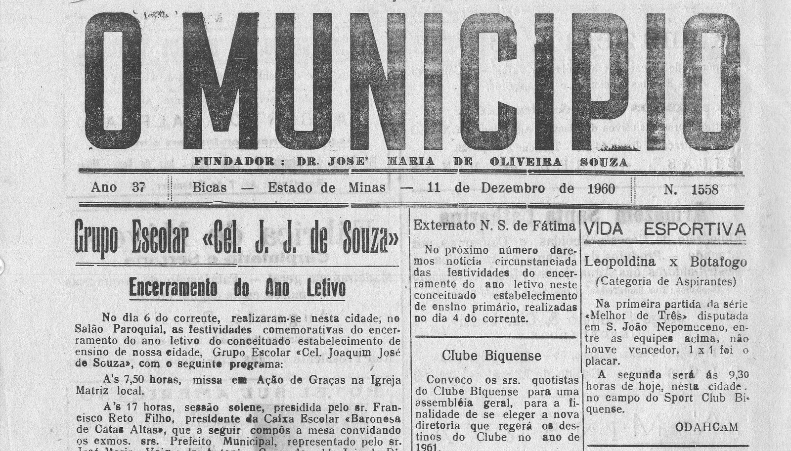 Leia mais sobre o artigo Há 60 anos, em 11/12/1960, O Município publicava: Grupo Escolar J. J. Souza / Vida Esportiva