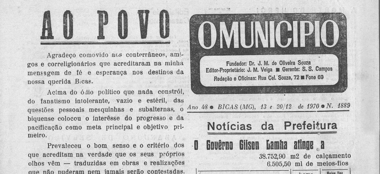 Leia mais sobre o artigo Há 50 anos, em 13/12/1970, O Município publicava: Ao povo / Ginásio Francisco Peres / Escola Normal Ana de Souza
