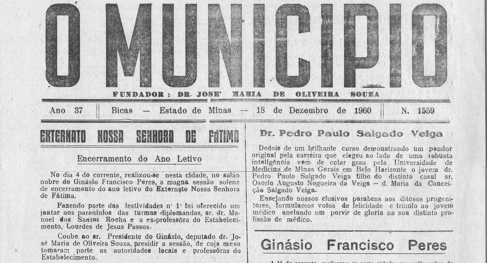 Leia mais sobre o artigo Há 60 anos, 18/12/1960, O Município publicava: Externato N.S. de Fátima / Ginásio Francisco Peres