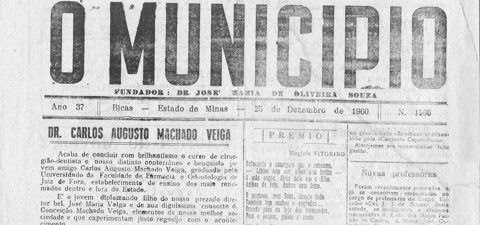 Leia mais sobre o artigo Há 60 anos, em 25/12/1960, O Município publicava: Dr. Carlos Augusto Machado Veiga / SENAI