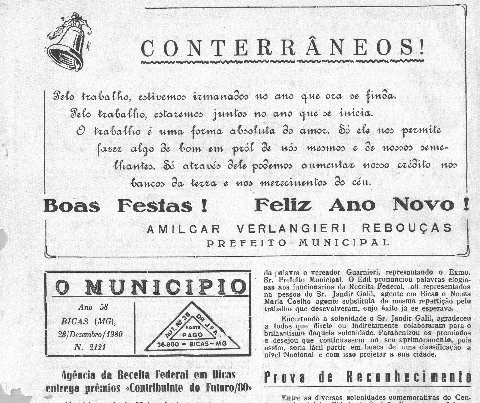 Leia mais sobre o artigo Há 40 anos, em 28/12/1980, O Município publicava: Receita Federal em Bicas entrega prêmios / Novos advogados / Casamentos