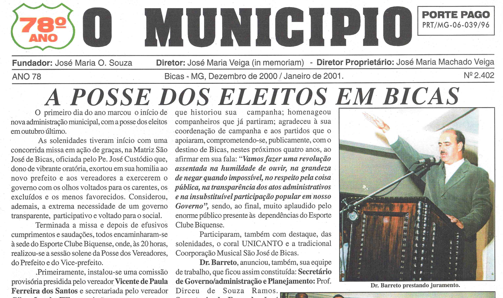 Leia mais sobre o artigo Há 20 anos, em dezembro de 2000/janeiro de 2001, O Município publicava: Posse dos eleitos em Bicas, Guarará, Maripá e Pequeri / Escola Mário Bianco Giannini