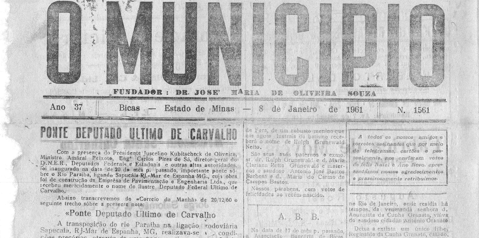 Leia mais sobre o artigo Há 60 anos, em 08/01/1961, O Município publicava: Ponte Dep. Último de Carvalho / Retalhos (Marlou) / Bailes / Casamentos