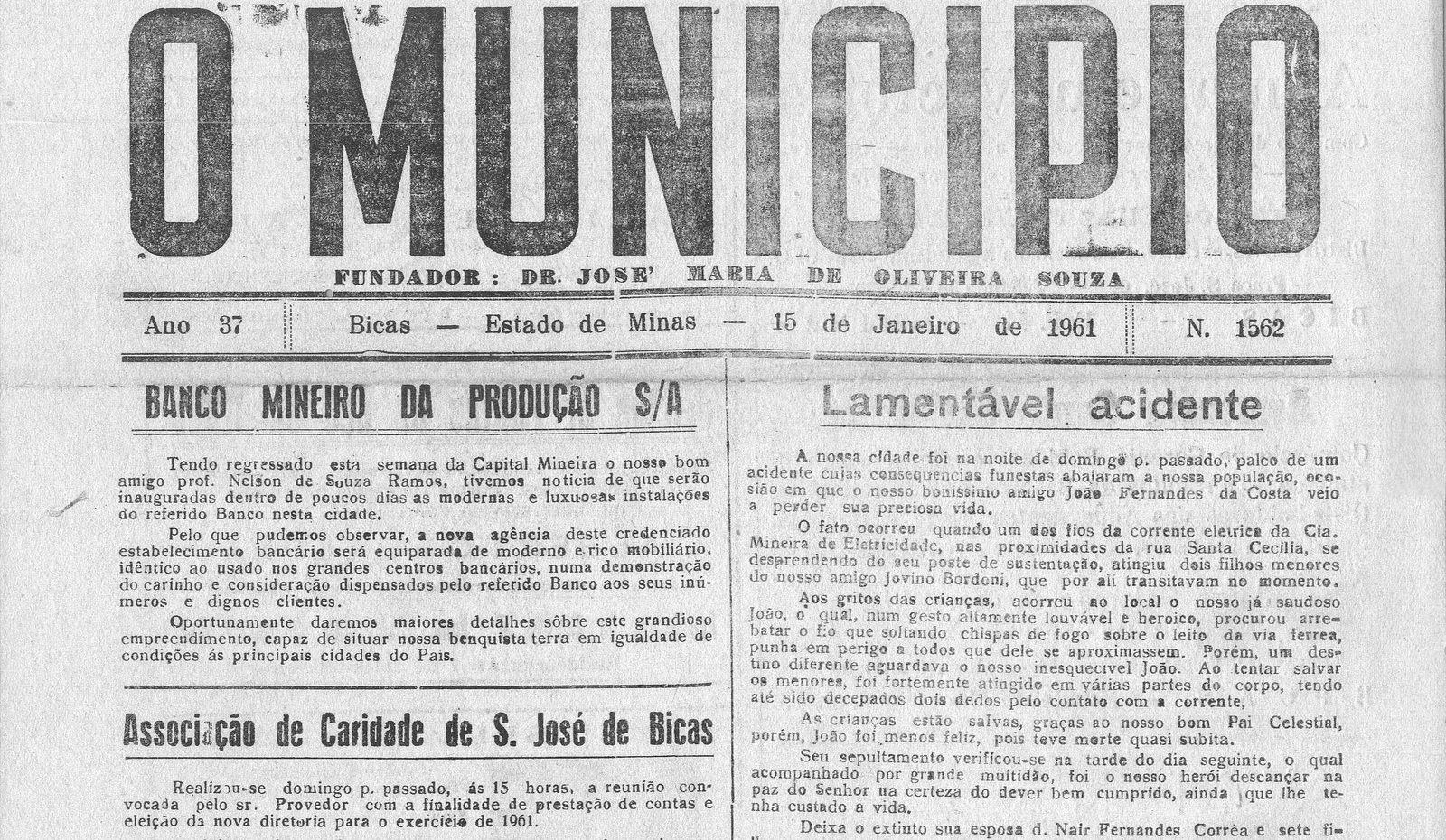 Leia mais sobre o artigo Há 60 anos, em 15/01/1961, O Município publicava: Lamentável acidente / Associação de Caridade São José / Retalhos (Marlou)