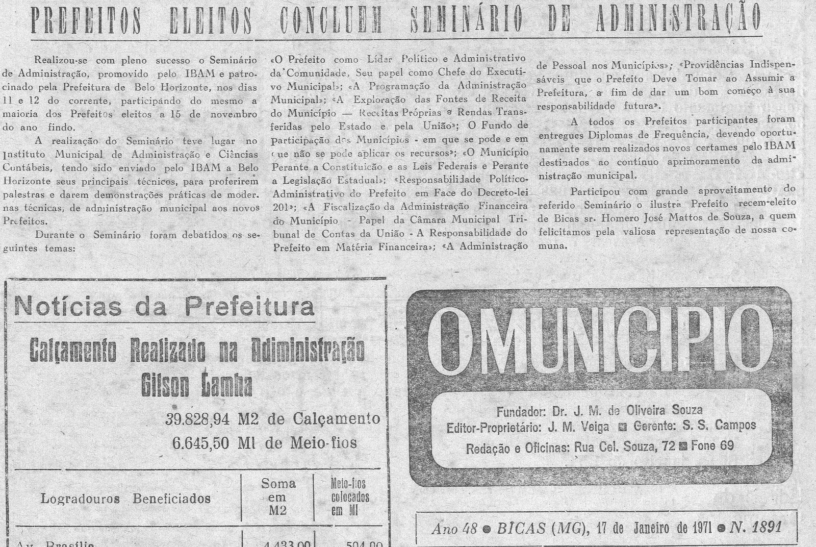 Leia mais sobre o artigo Há 50 anos, em 17/01/1971, O Município publicava: Seminário de Prefeitos / Notícias da Prefeitura