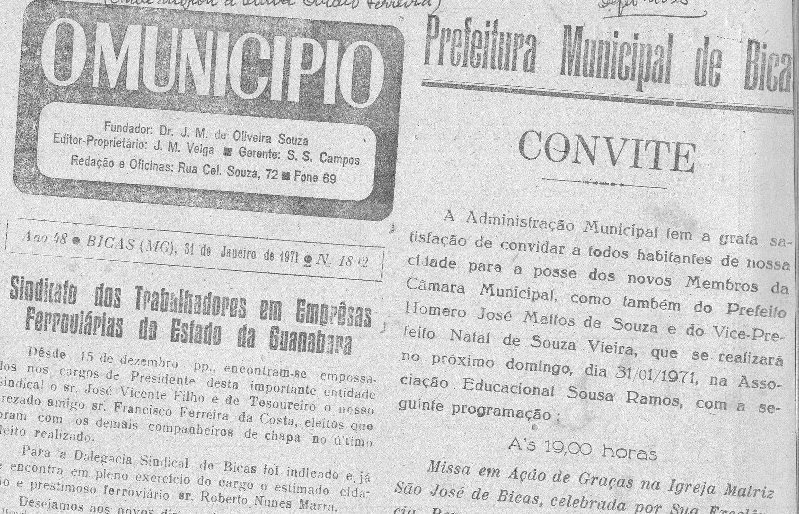 Leia mais sobre o artigo Há 50 anos, em 31/01/1971, O Município publicava: Posse do eleitos em Bicas / Social com a listas dos aprovados no vestibular de 1971