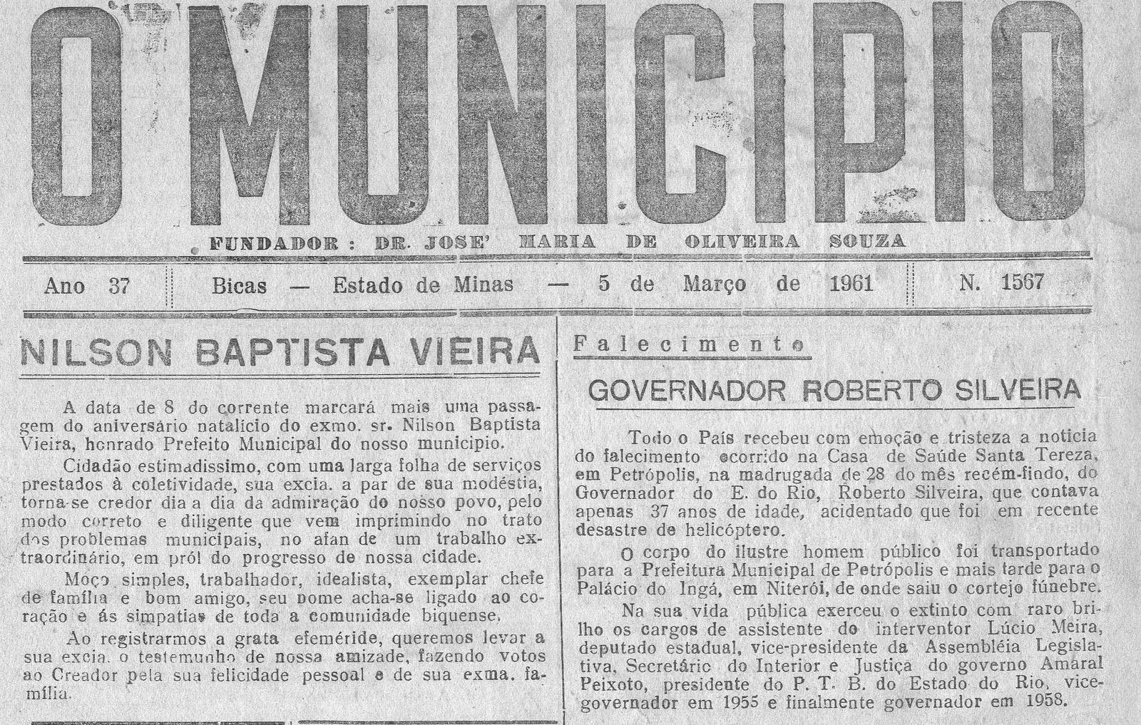 Leia mais sobre o artigo Há 60 anos, em 05/03/1961, O MUNICÍPIO publicava: Nilson Batista Vieira / Governador Roberto Silveira