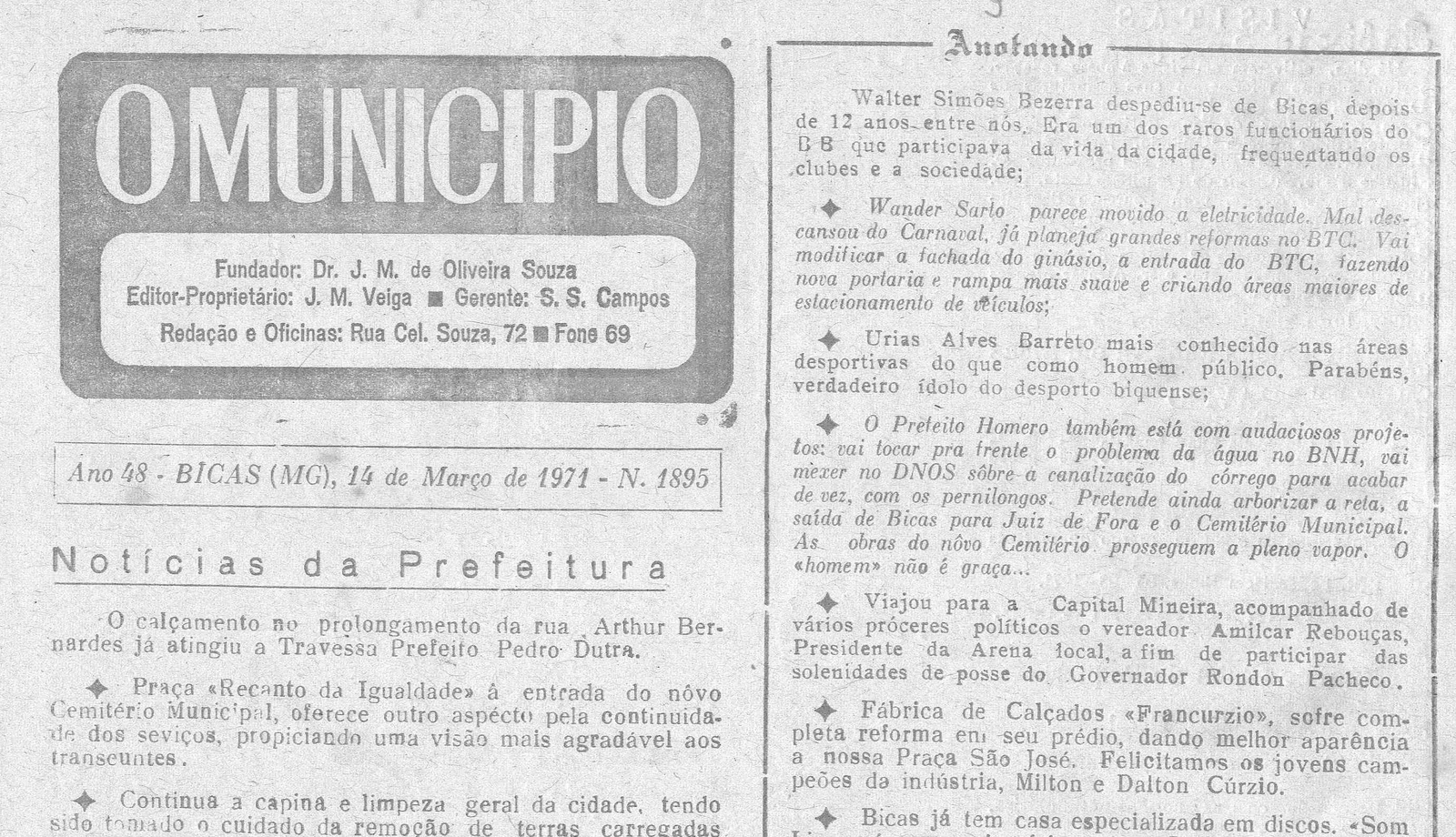 Leia mais sobre o artigo Há 50 anos, em14/03/1971, O Município publicava: Notícias da Prefeitura / Anotando / Rabiscando (Sopmac)