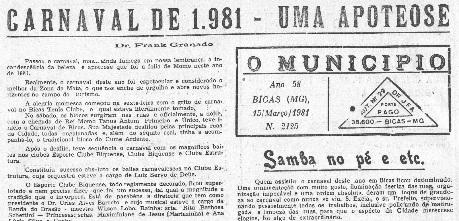Leia mais sobre o artigo Há 40 anos, em 15/03/1981, O Município publicava: Carnaval de 1981 / Banco Bamerindus em Maripá / Toma posse novo Juiz, Dr. Oldyr / Novos vestibulandos