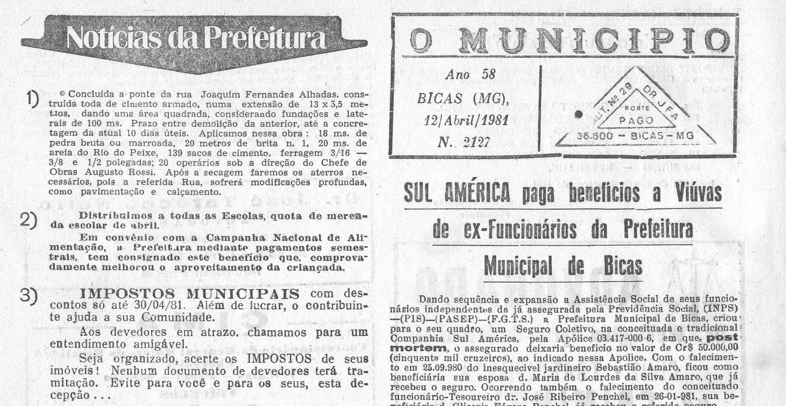 Leia mais sobre o artigo Há 40 anos, em 12/04/1981, O Município publicava: Notícias da Prefeitura / Conterrâneo homenageado
