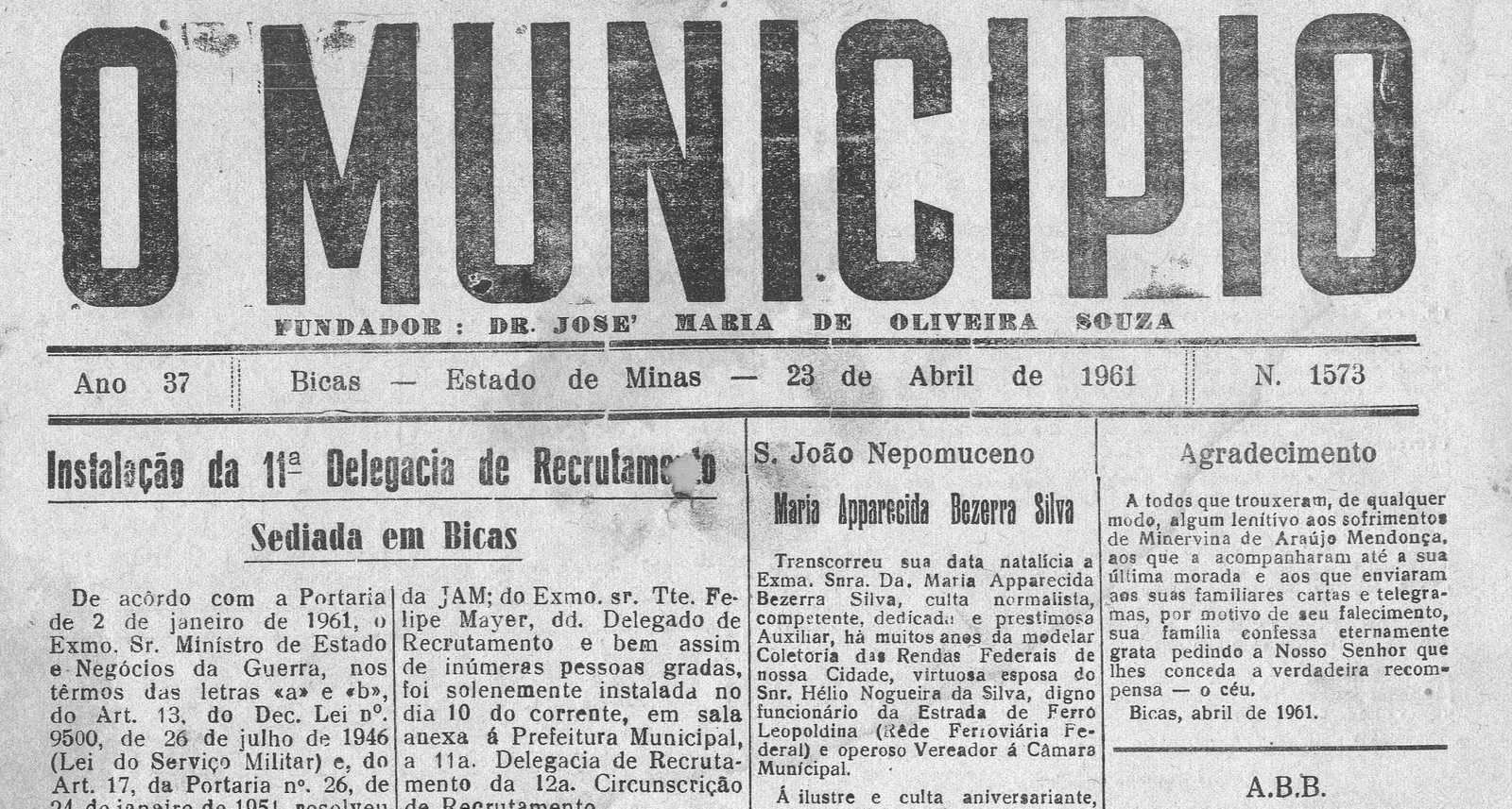 Leia mais sobre o artigo Há 60 anos, em 23 de Abril de 1961, O MUNICÍPIO publicava: Instalação da 11ª Delegacia de Recrutamento / Sociais
