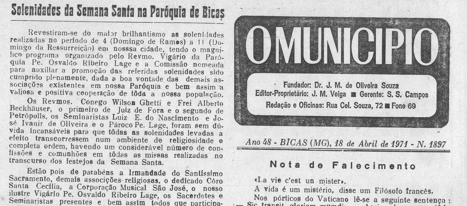 Leia mais sobre o artigo Há 50 anos, em 18 de abril de 1971, O MUNICÍPIO publicava: Solenidades Semana Santa / Notícias da Prefeitura