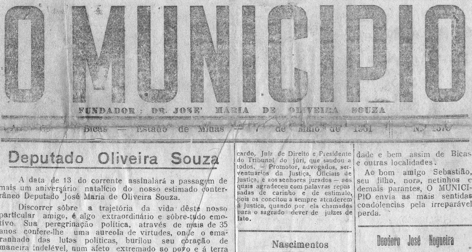 Leia mais sobre o artigo Há 60 anos, em 07/05/1961, O MUNICÍPIO publicava: Julgamento em Bicas / Deputado Oliveira Souza / Vida Esportiva: Torneio Início e Festival da LAB