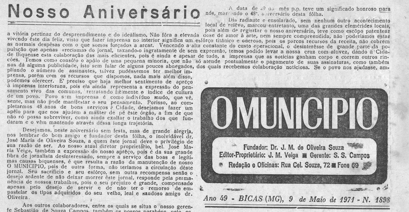 Leia mais sobre o artigo Há 50 anos, em 09/05/1971, O MUNICÍPIO publicava: Nosso Aniversário / Notícias da Prefeitura / Anotando / Coluna Social (José Maria Ramos)