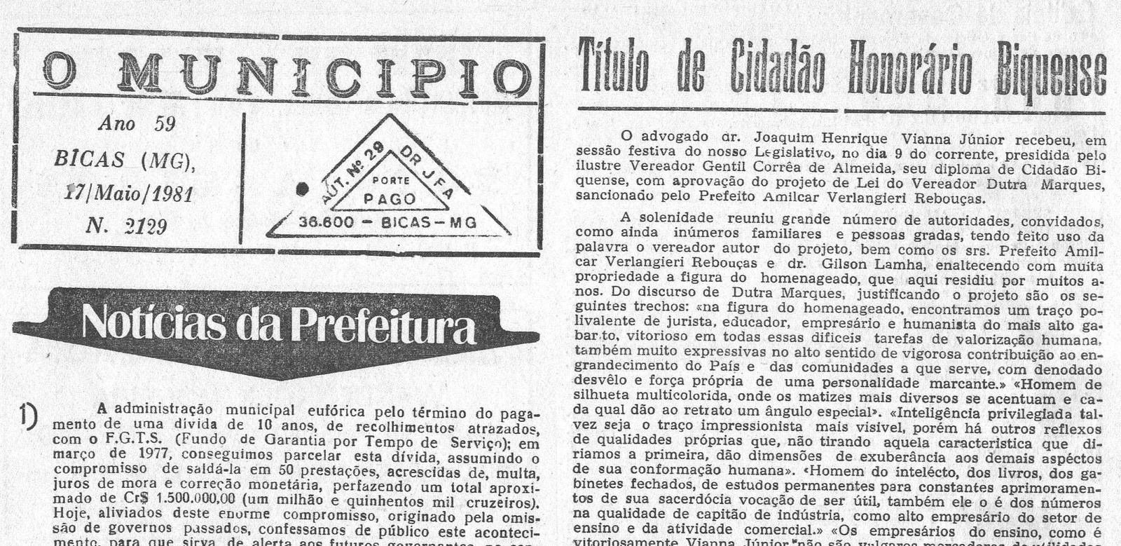 Leia mais sobre o artigo Há 40 anos, em 17/05/1981, O MUNICÍPIO publicava: Notícias da Prefeitura / Cidadão Honorário / Gratidão / Papa João Paulo II / Inauguração Sauna do Esporte
