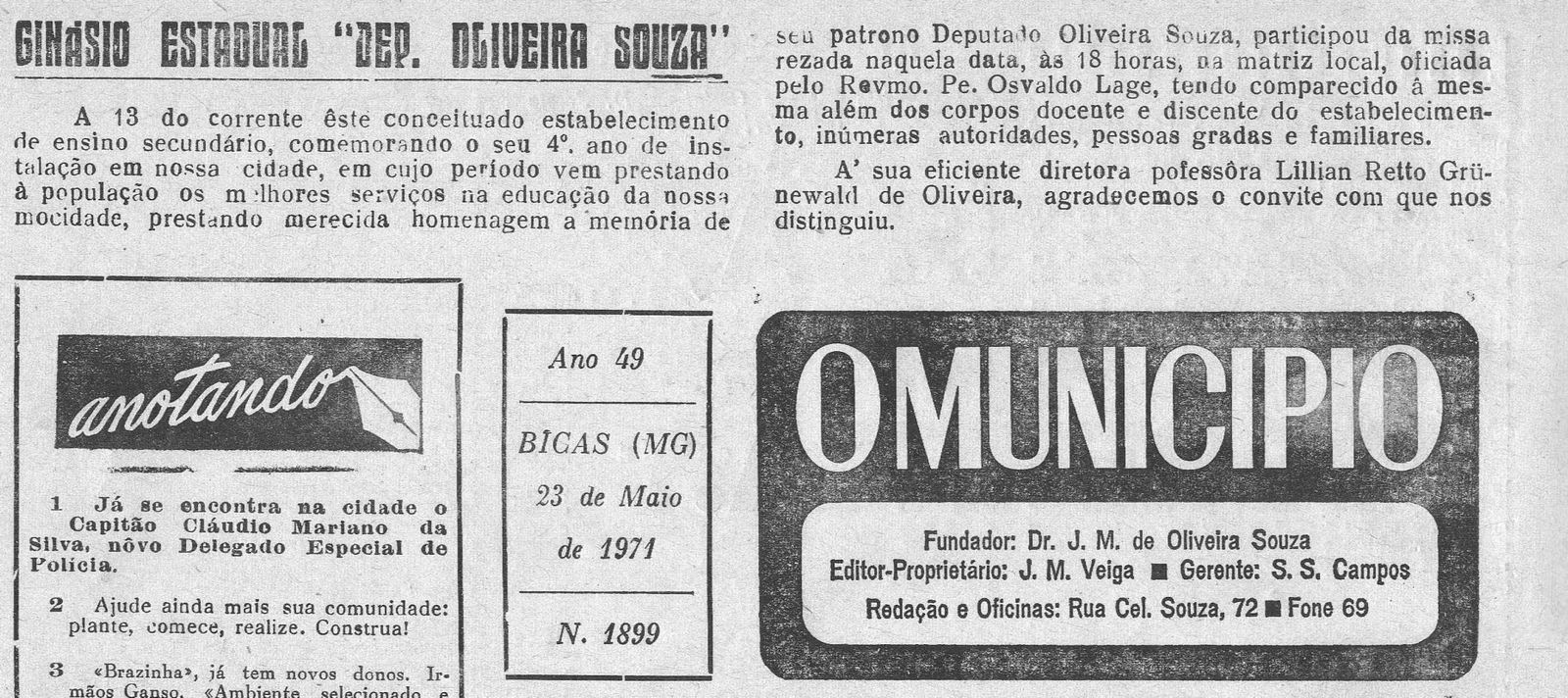 Leia mais sobre o artigo Há 50 anos, em 23/05/1971, O MUNICÍPIO publicava: Notícias da Prefeitura / Anotando / Coluna Social (José Maria Ramos)