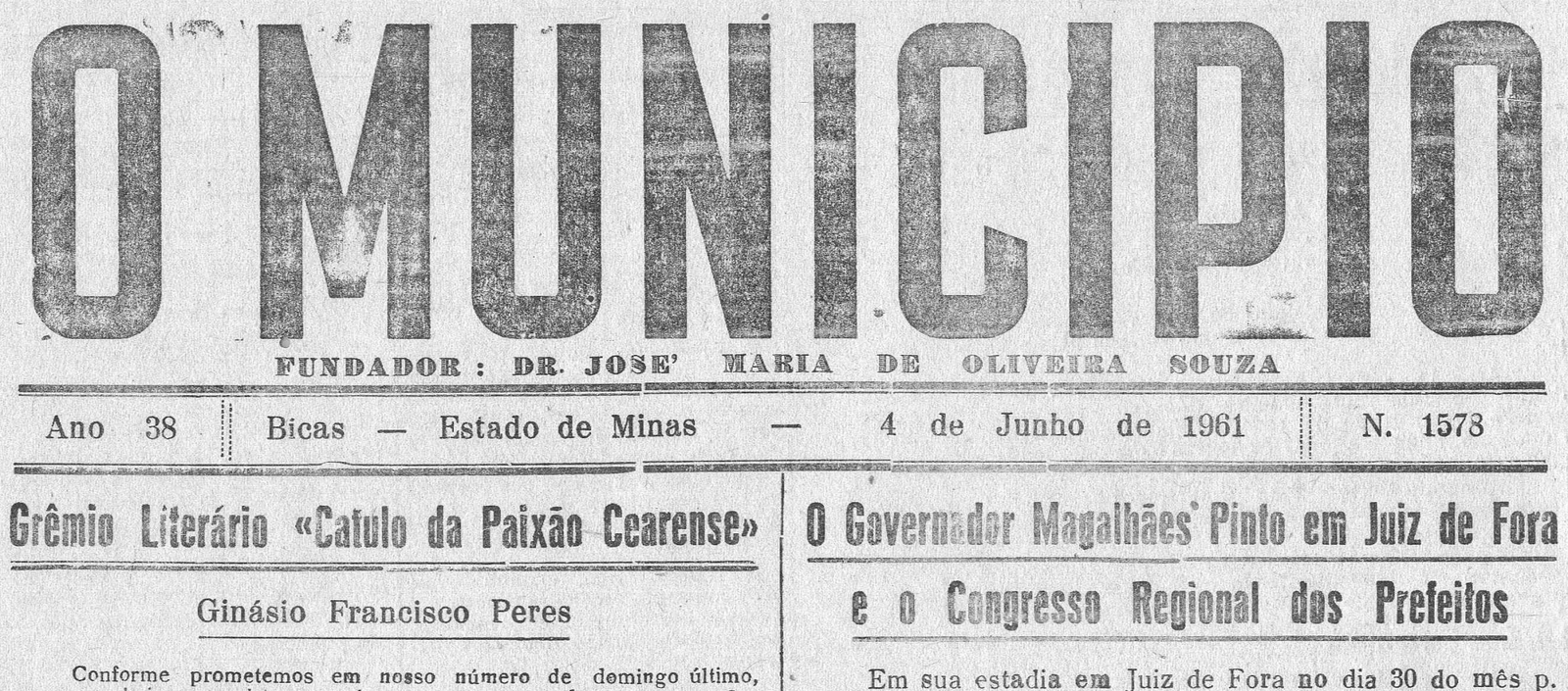 Leia mais sobre o artigo Há 60 anos, em 04/06/1961, O MUNICÍPIO publicava: Grêmio Literário / Gov. Magalhães Pinto / Vida Esportiva
