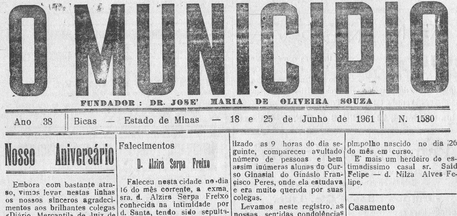 Leia mais sobre o artigo Há 60 anos, em 25/06/1961, O MUNICÍPIO publicava: Nascimentos / Casamentos / Vida Esportiva