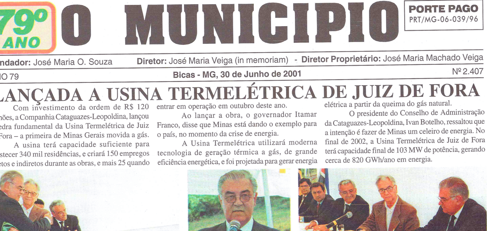 Leia mais sobre o artigo Há 20 anos, em 30/06/2001, O MUNICÍPIO publicava: Usina Termelétrica Juiz de Fora / Notícias da Prefeitura / Crônicas diversas / Recordar é Viver / Sociais