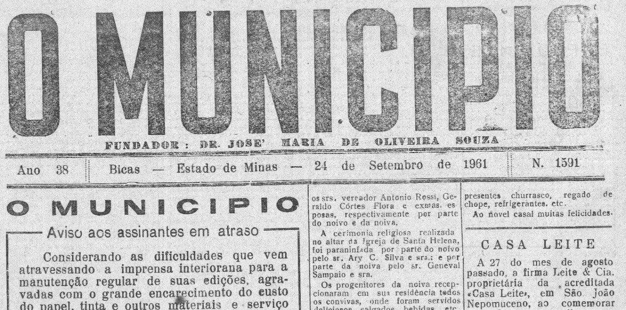 Leia mais sobre o artigo Há 60 anos, em 24/09/1961, O MUNICÍPIO publicava: Jornal de Pequeri / Festejos pró Hospital / Vida Esportiva / Casamentos