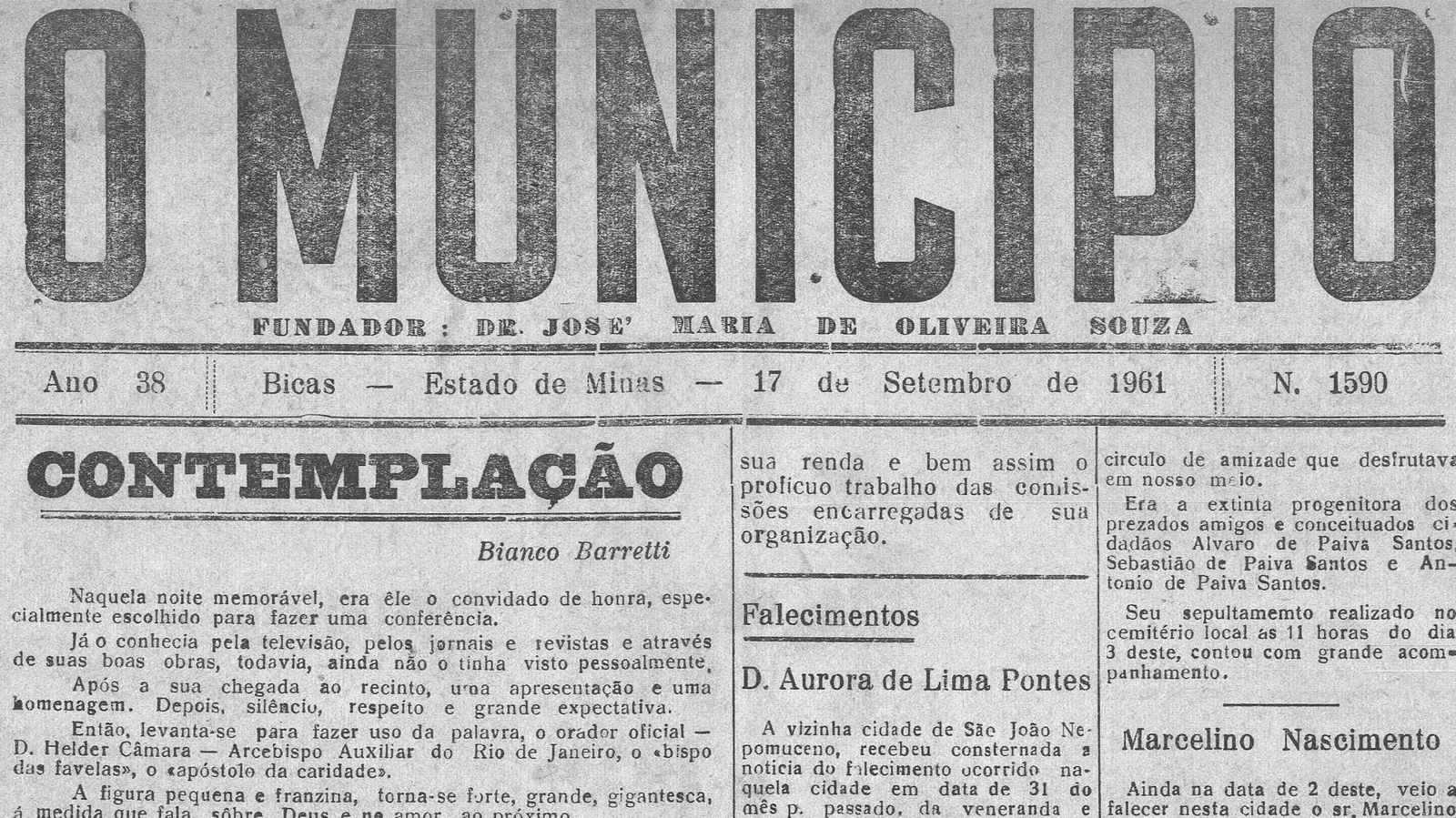Leia mais sobre o artigo Há 60 anos, em 17/09/1961, O MUNICÍPIO publicava: Contemplação / Vida Esportiva / Sociais / Falecimentos