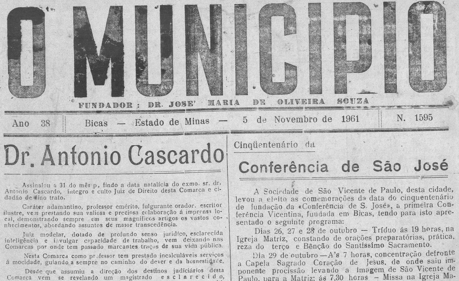 Leia mais sobre o artigo Há 60 anos, em 05/11/1961, O MUNICÍPIO publicava: Conferência São José / Dr. Antônio Cascardo / Escola de Samba “Unidos Venceremos” / Vida Esportiva