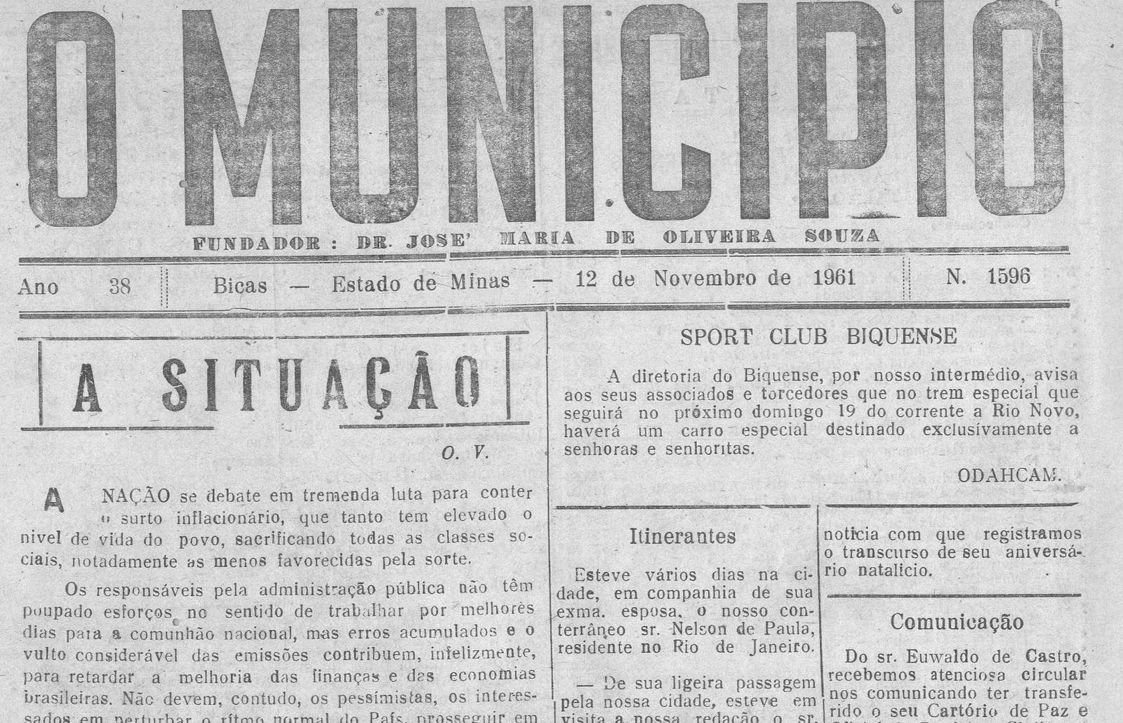Leia mais sobre o artigo Há 60 anos, em 12/11/1961, O MUNICÍPIO publicava: A Situação/ Vida Esportiva / Sociais