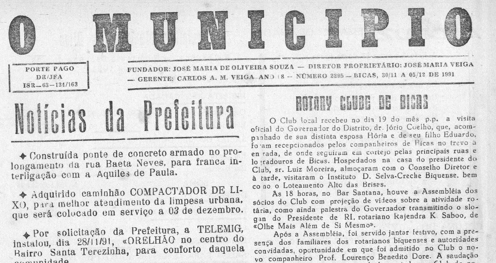 Leia mais sobre o artigo Há 30 anos, em 30/11/1991, O MUNICÍPIO publicava: Notícias da Prefeitura / Rotary Club / Cadeia Pública / GERAIS (Zé Arnaldo)
