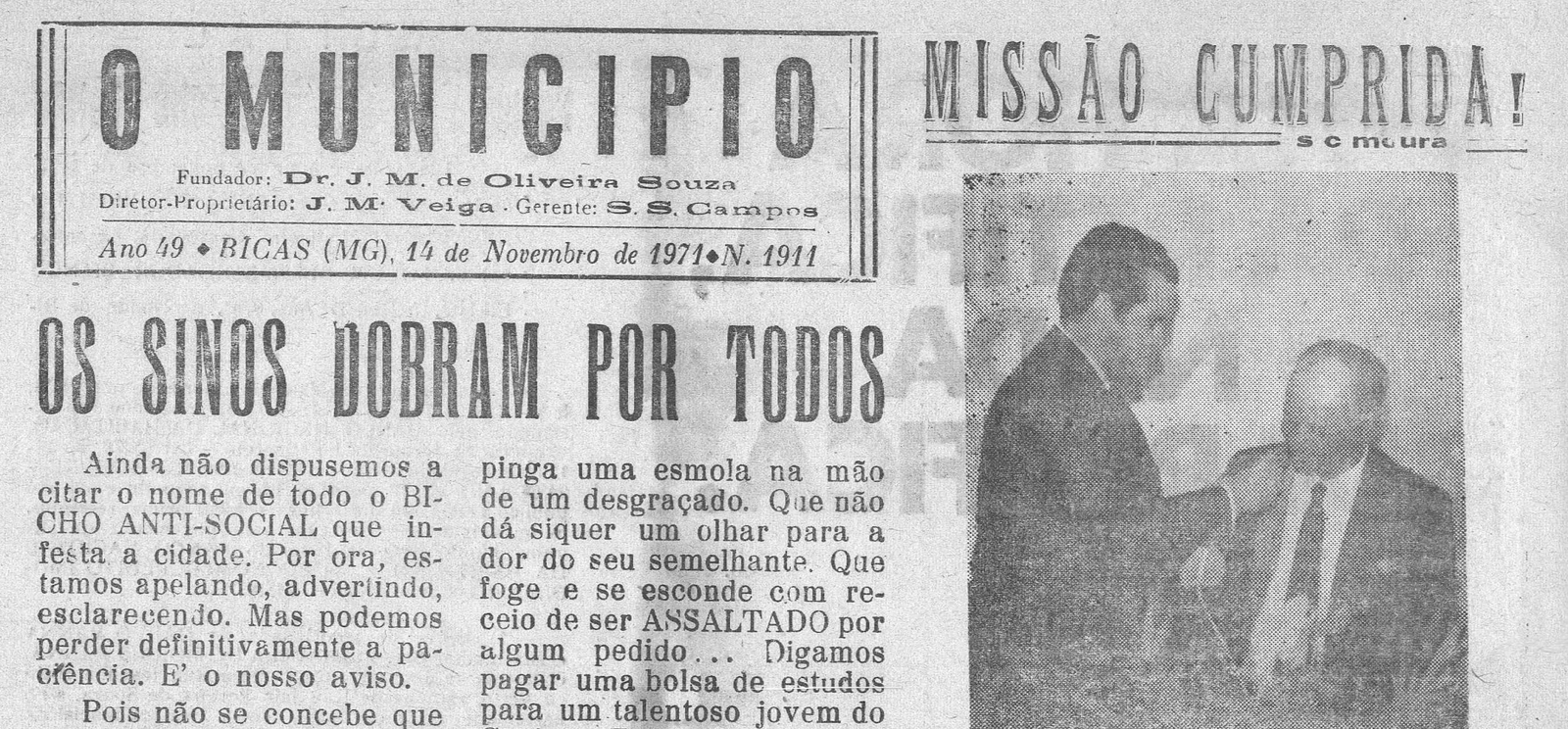 Leia mais sobre o artigo Há 50 anos, em 14/11/1971, O MUNICÍPIO publicava: Os sinos dobram por todos / Missão cumprida / Prefeito Homero paraninfa 1ª turma do MOBRAL
