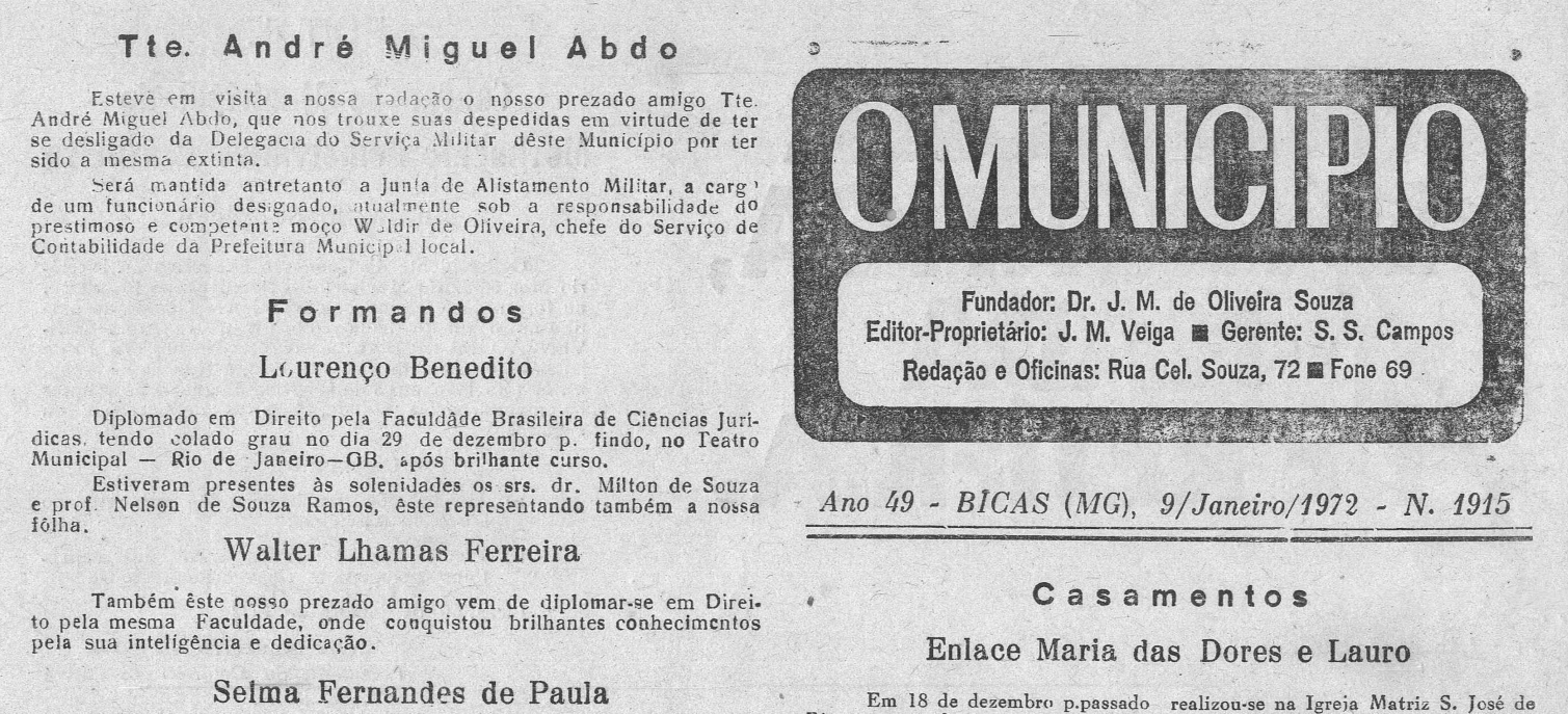 Leia mais sobre o artigo Há 50 anos em 09/01/1972, O MUNICÍPIO publicava: Anotando / Coluna Social (José Maria Ramos) / Formandos / Casamentos