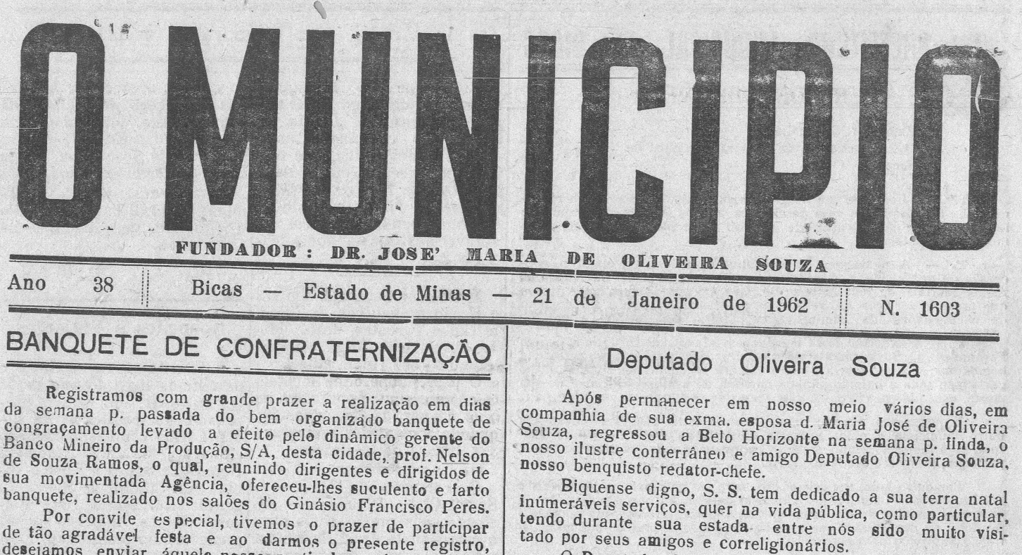 Leia mais sobre o artigo Há 60 anos, em 21/01/1962, O MUNICÍPIO publicava: Banquete de confraternização / Bar Irmãos Lamha / Hospital São José / Vida Esportiva