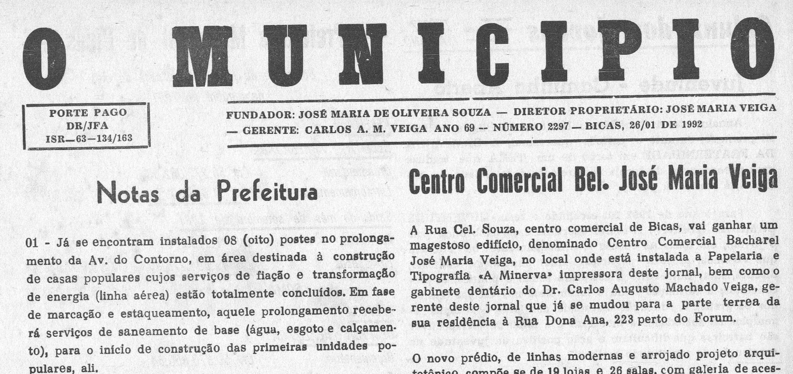 Leia mais sobre o artigo Há 30 anos, em 28/01/1992, O MUNICÍPIO publicava: Notícias da Prefeitura / CENTRO COMERCIAL JOSÉ MARIA VEIGA / GERAIS (Zé Arnaldo)